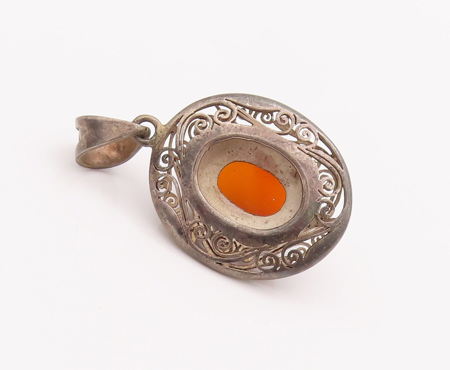 925 Sterling Silver Vintage Pendant Swirly Cutout Carved Cabochon Amber  PT22938