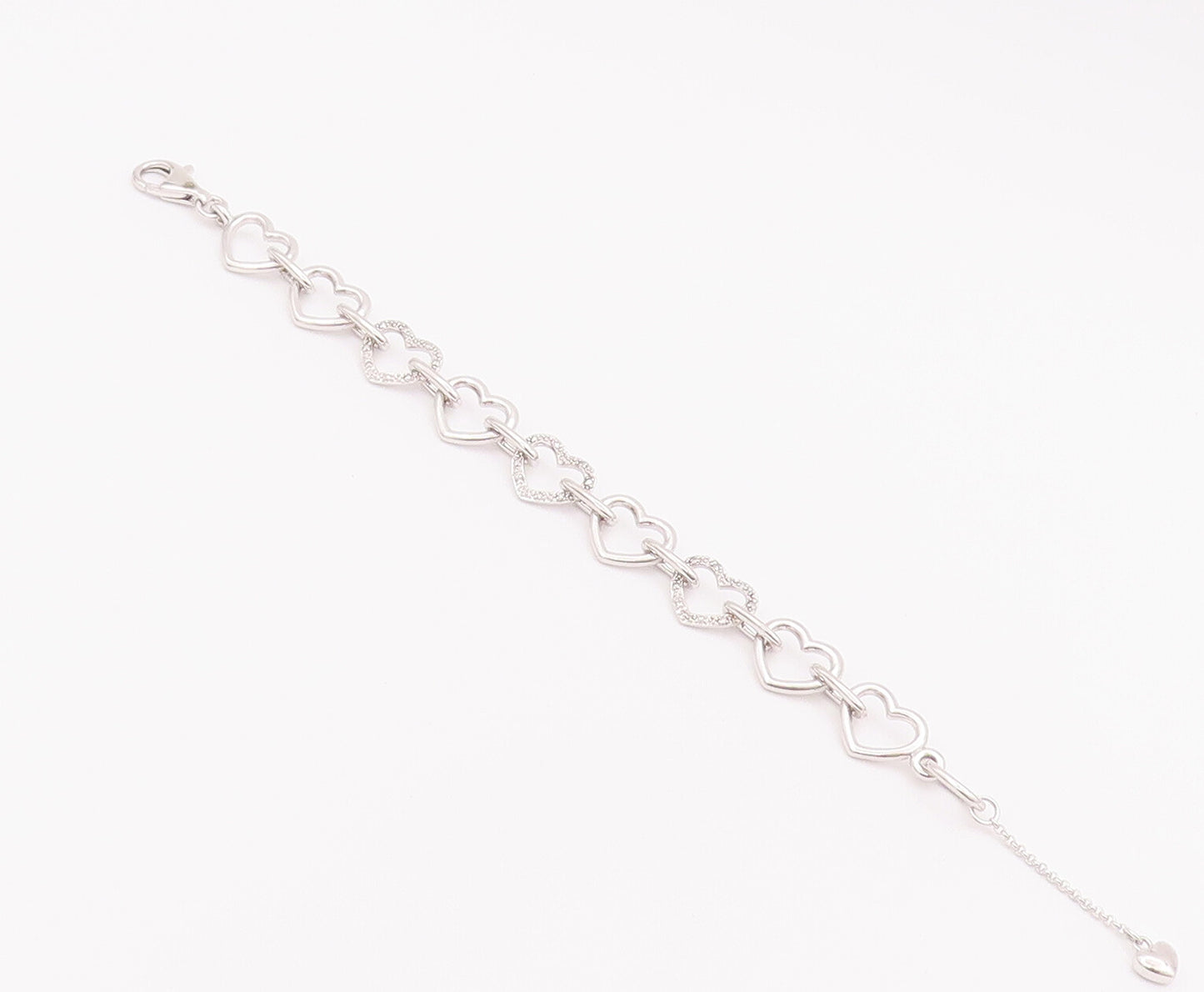 925 Sterling Silver Vintage Bracelet Cutout Real Diamonds Linked Hearts  BT10379