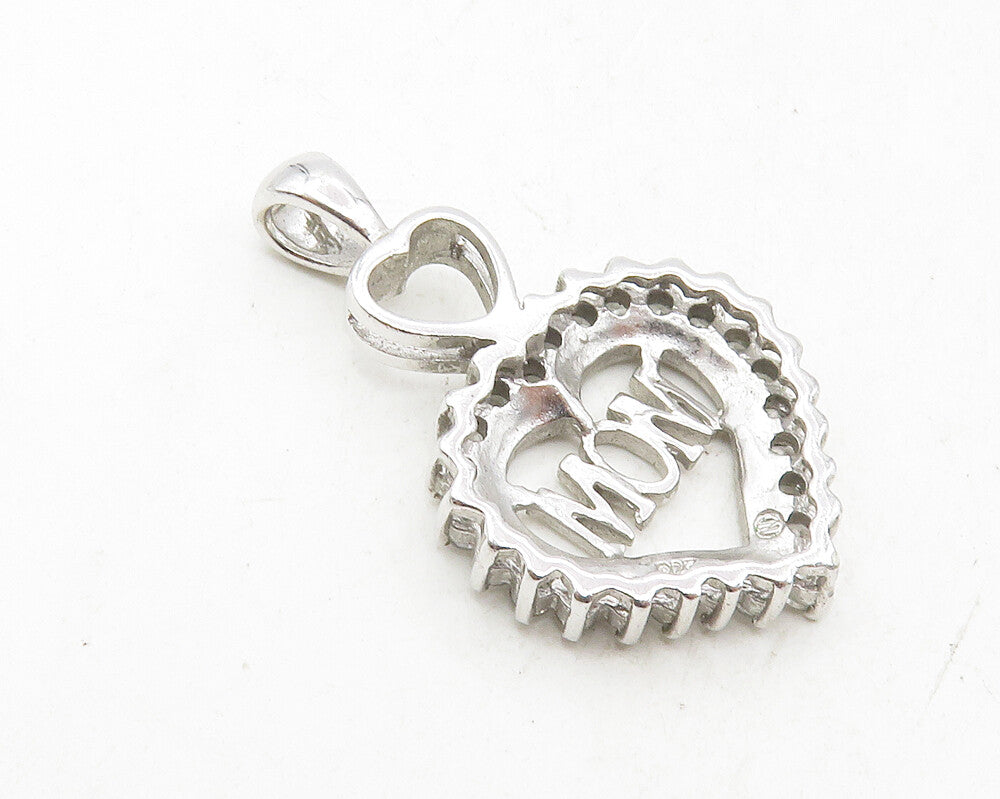 925 Sterling Silver  Shiny White Topaz Mom Love Heart Drop Pendant  PT7307