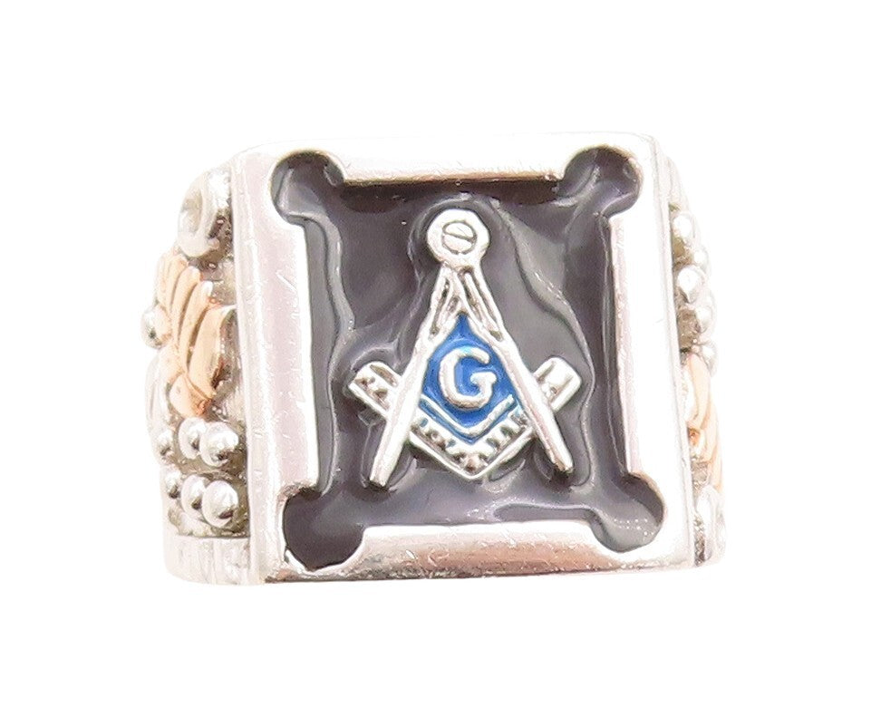 12k Gold 925 Sterling Silver Vintage Ring Enameled Carved Freemason Sz 8 RG31509