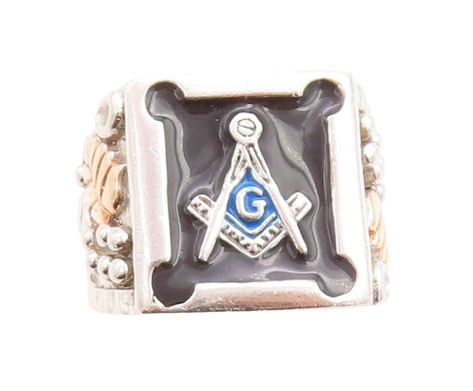 12k Gold 925 Sterling Silver Vintage Ring Enameled Carved Freemason Sz 8 RG31509