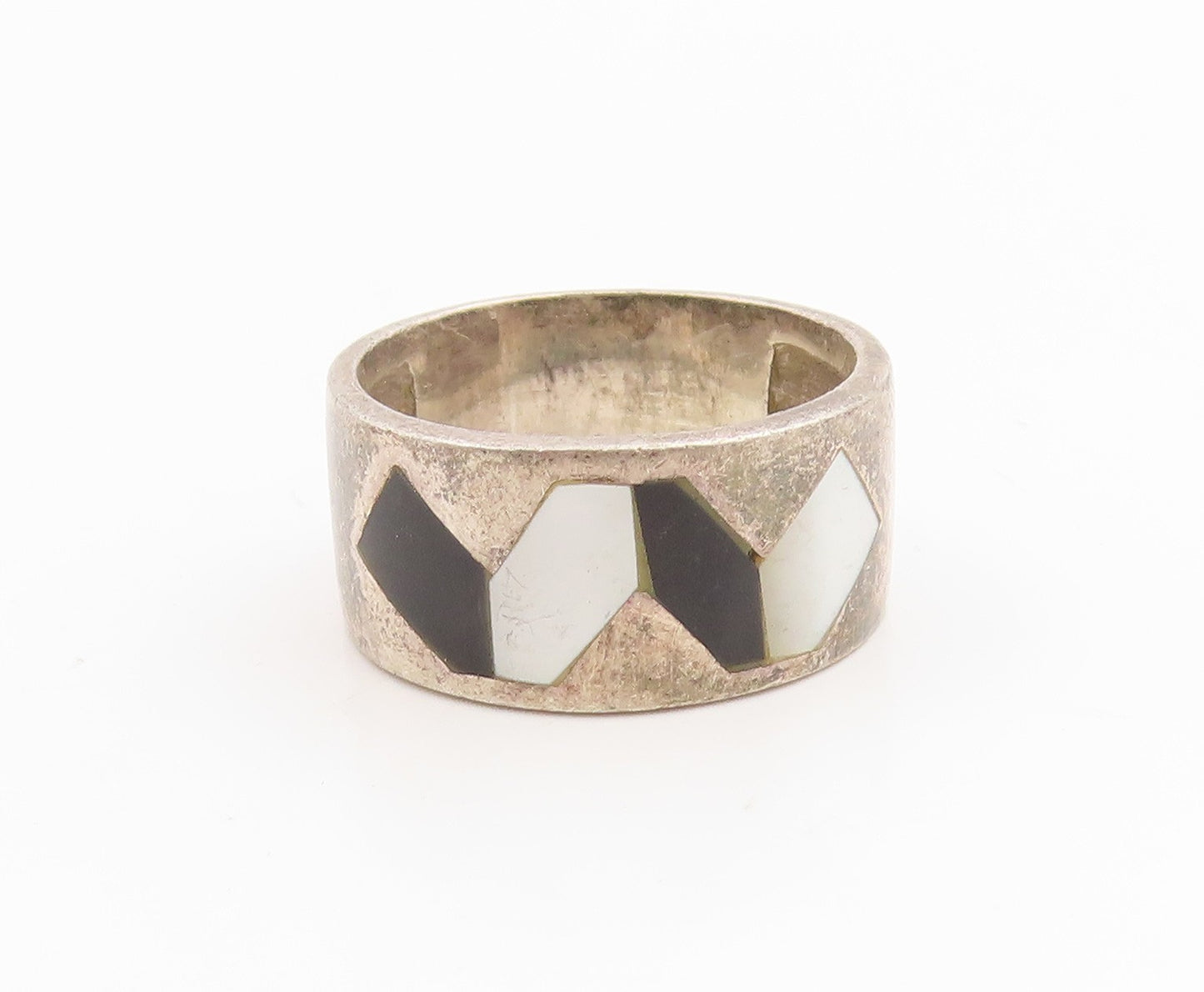 925 Sterling Silver Vintage Ring Mother Of Pearl & Onyx Inlay  Sz 8  RG36186