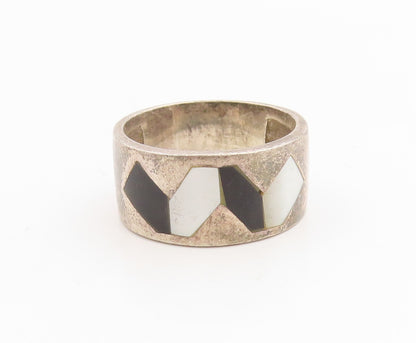 925 Sterling Silver Vintage Ring Mother Of Pearl & Onyx Inlay  Sz 8  RG36186