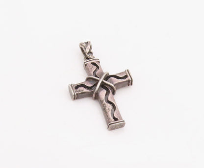 925 Sterling Silver Vintage Pendant Wavy Wire Wrapped Religious Cross  PT25884