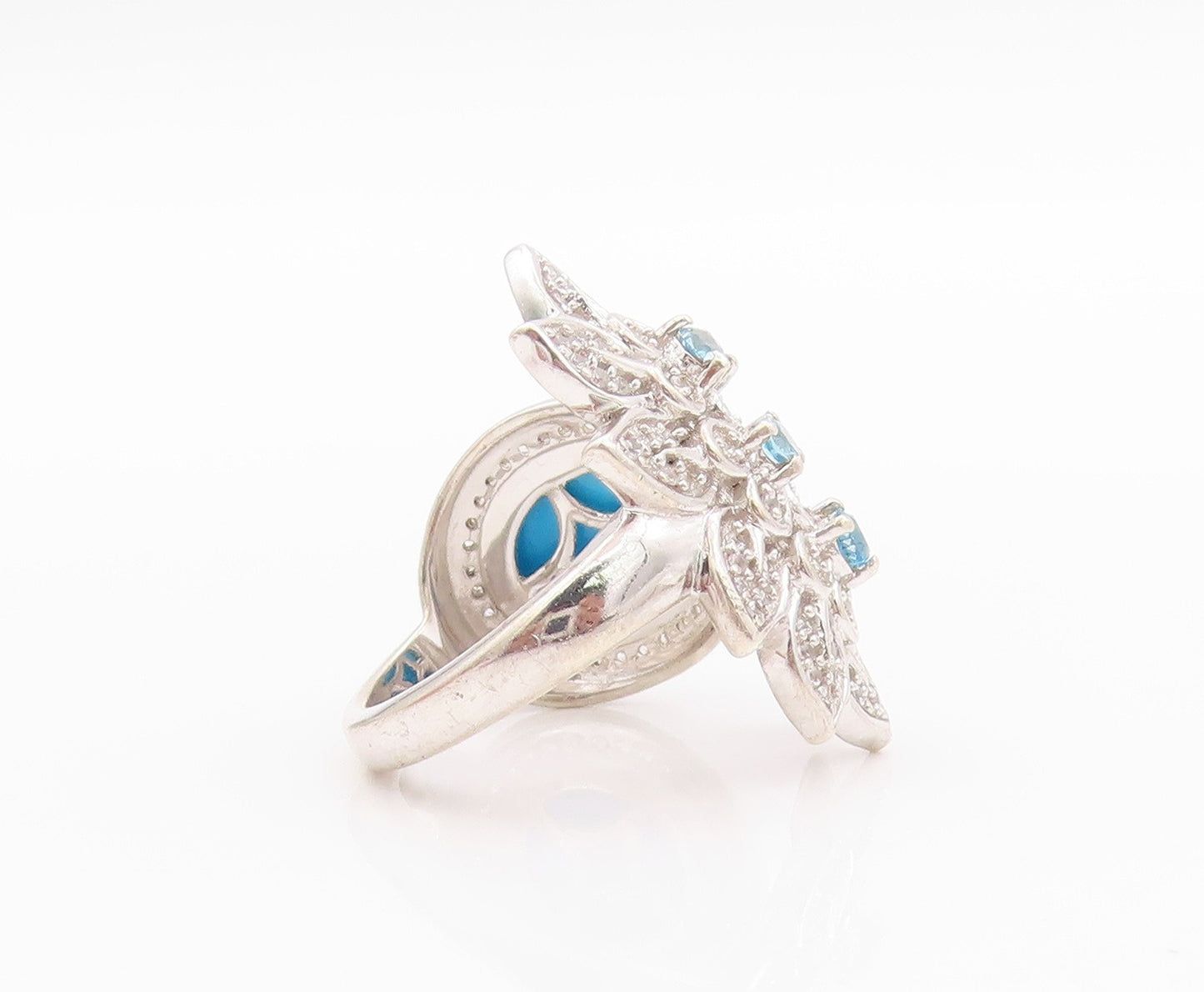 925 Sterling Silver Vintage Ring Designer Larimar & CZ Floral Cut  Sz 6  RG32499