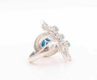 925 Sterling Silver Vintage Ring Designer Larimar & CZ Floral Cut  Sz 6  RG32499
