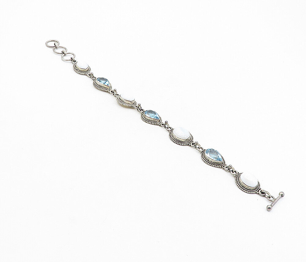 925 Sterling Silver  Vintage Agate & Blue Topaz Twist Chain Bracelet  BT3797