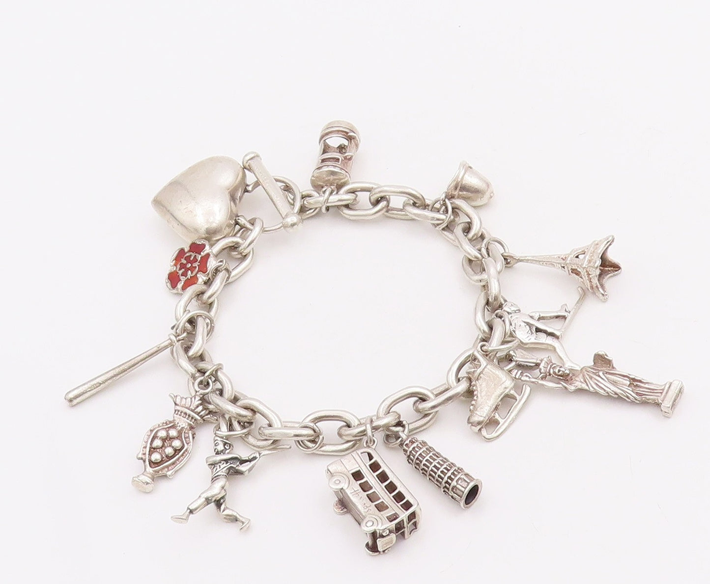 925 Sterling Silver Vintage Bracelet Heavy Dangling Charm Large Heart  BT10605