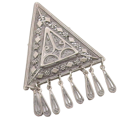 925 Silver  Vintage Triangular Floral & Diamond Pattern Brooch Pin  BP9427