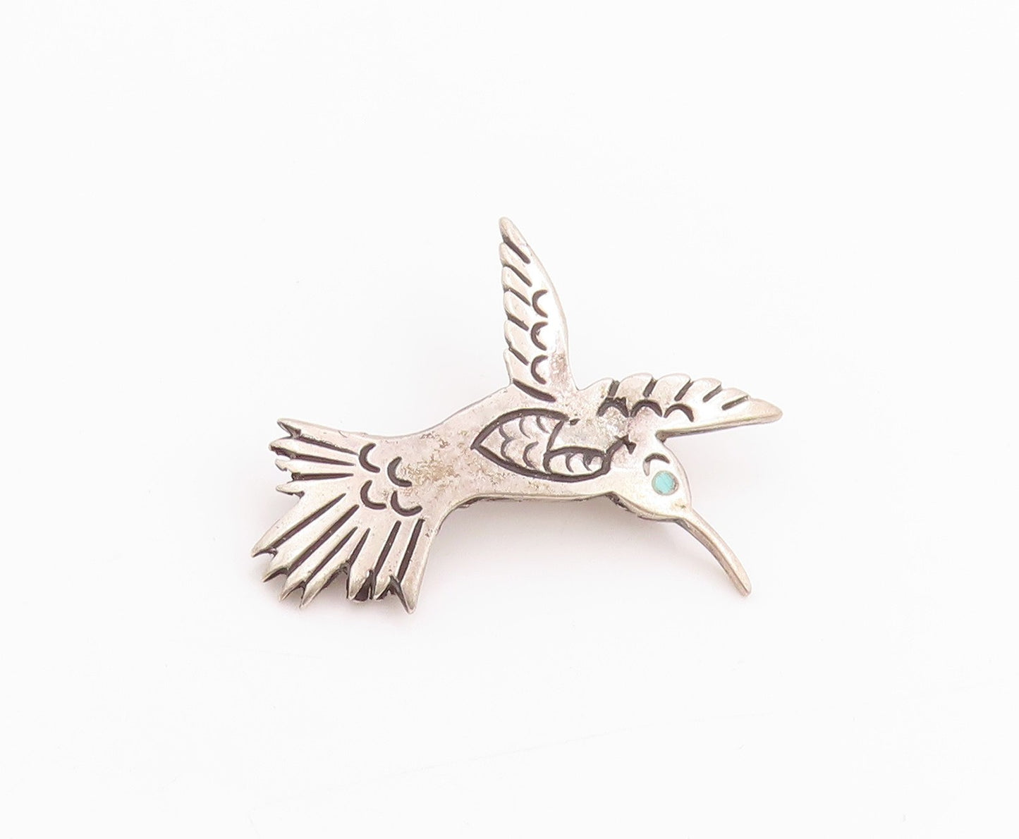 925 Sterling Silver Vintage Brooch Etched Larimar Eyed Humming Bird  BP11725