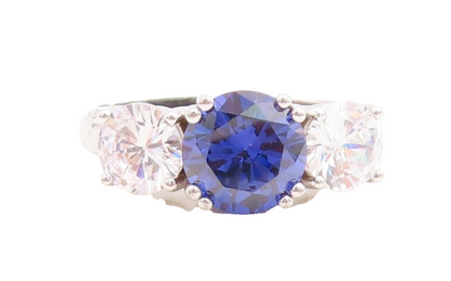 925 Sterling Silver Vintage Ring Round Sapphire & CZ Side Stones Sz 7  RG30112