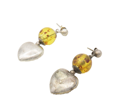 925 Sterling Silver  Vintage Amber Ball Bead Love Heart Drop Earrings  EG8885