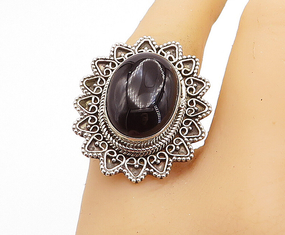 925 Sterling Silver  Vintage Cabochon Black Onyx Cocktail Ring Sz 7.5  RG4501