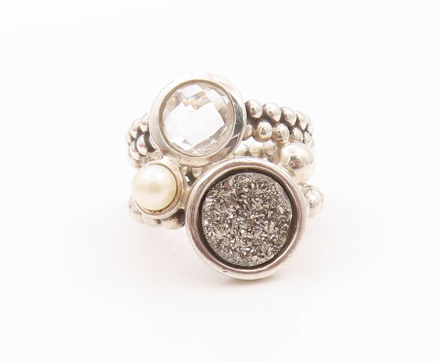 925 Sterling Silver Vintage Ring MICHAEL DAWKINS Drusy Quartz Pearl SZ 7 RG32191