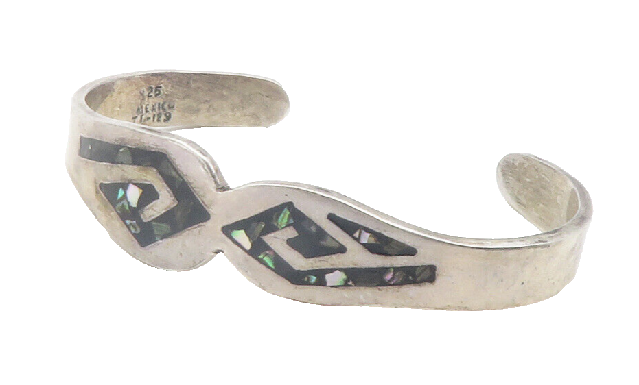 MEXICO 925 Sterling Silver  Vintage Abalone Shell Mosaic Cuff Bracelet  BT4776