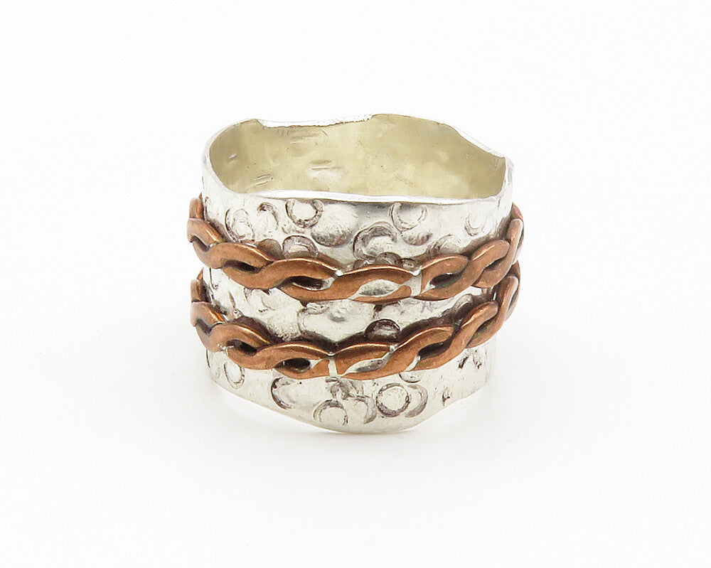 925 Sterling Silver  Vintage Two Tone Chain Wrapped Band Ring Sz 6  RG14627