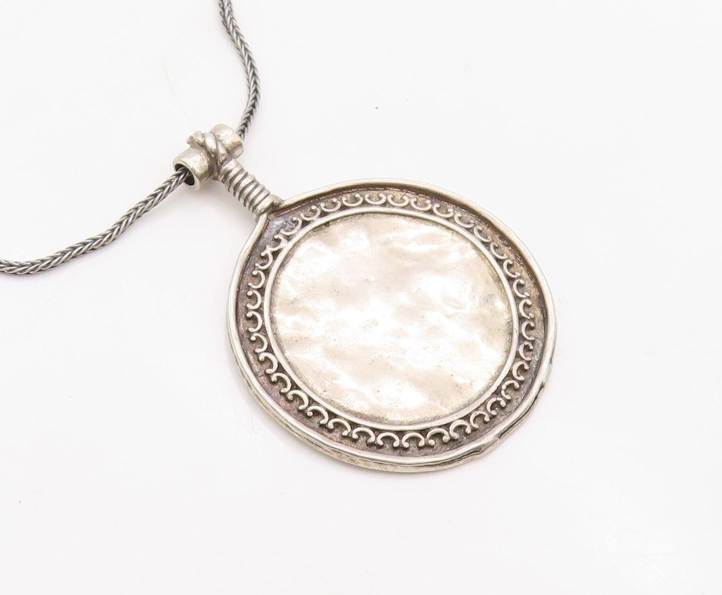 925 Sterling Silver Vintage Necklace SHABLOOL ISRAEL Carved Round Pendent NE4318