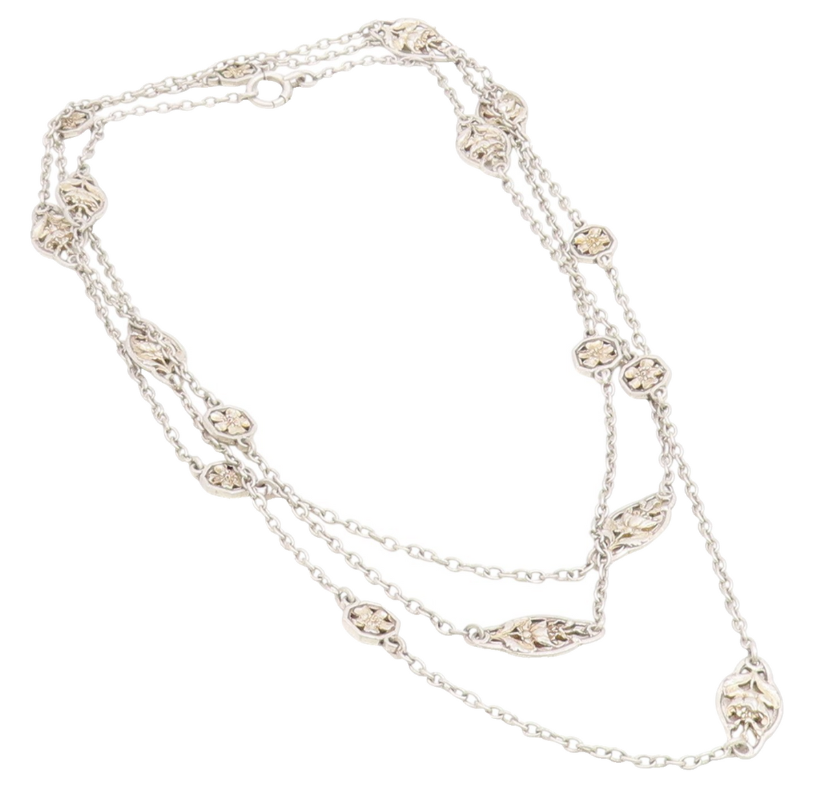 925 Sterling Silver Vintage Necklace Antique Floral Leaf Motif Long Chain NE4795