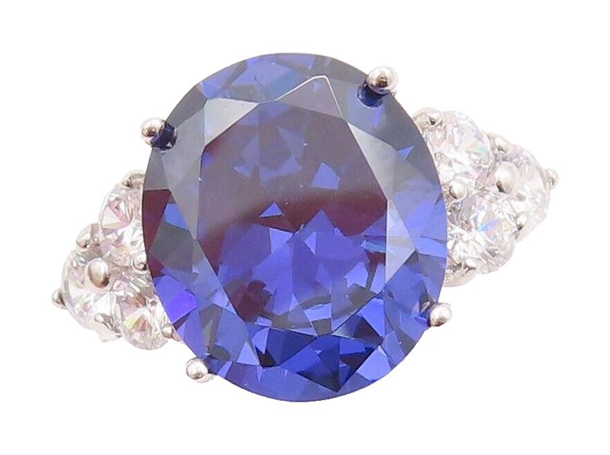 925 Sterling Silver Vintage Ring Round Cut Blue & White CZ  Sz 7  RG29693