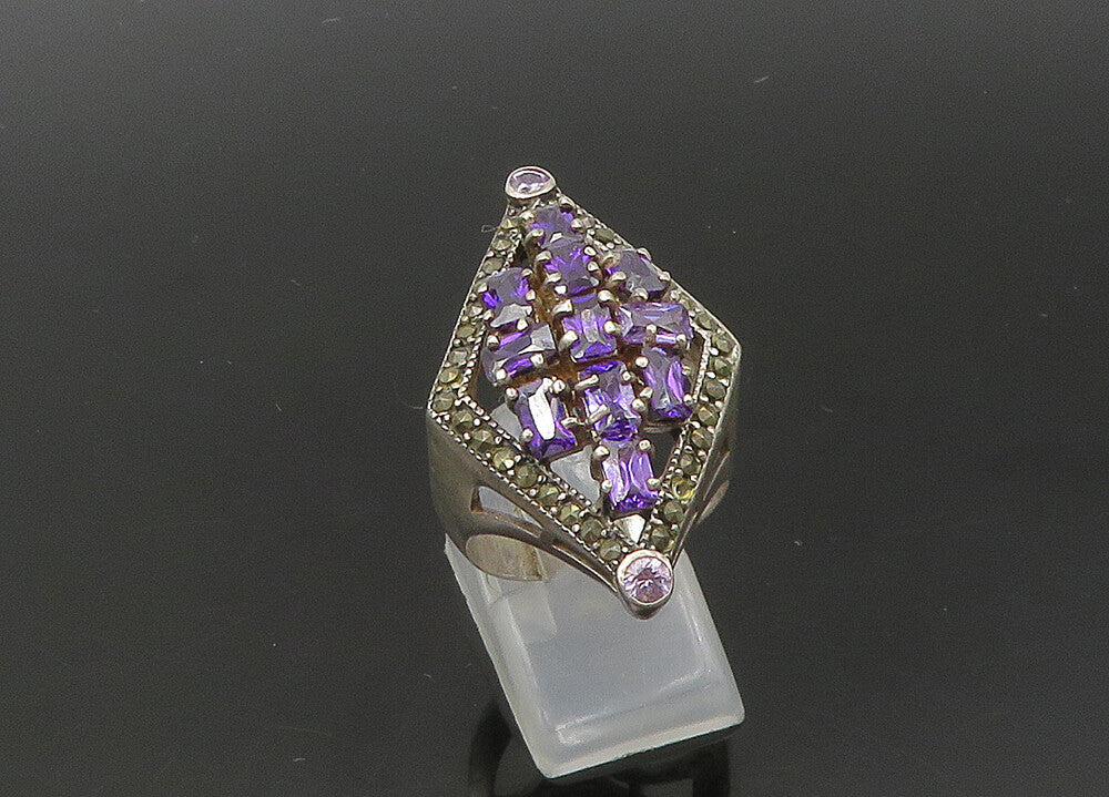 925 Sterling Silver  Vintage Amethyst Cluster Cocktail Ring Sz 9  RG22141