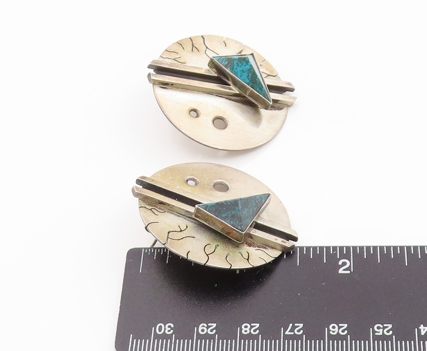 925 Sterling Silver Vintage Earrings Turquoise Modernist Geometric Disc  EG14353