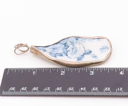 925 Sterling Silver  Vintage Blue Floral Detail Swirl Bail Pendant  PT11491