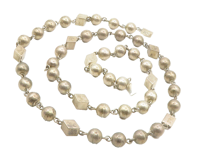 MEXICO 925 Silver  Vintage Dark Tone Smooth Beaded Chain Necklace  NE2290