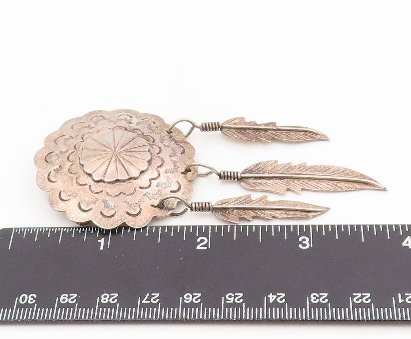 925 Sterling Silver Vintage Brooch Etched Concho Dangling Feather Pin  BP12116