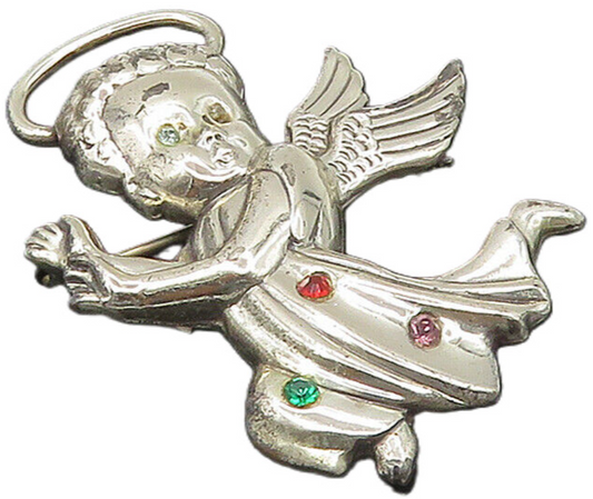 LANG 925 Sterling Silver Vintage Multi Color Topaz Angel Brooch Pin BP6610