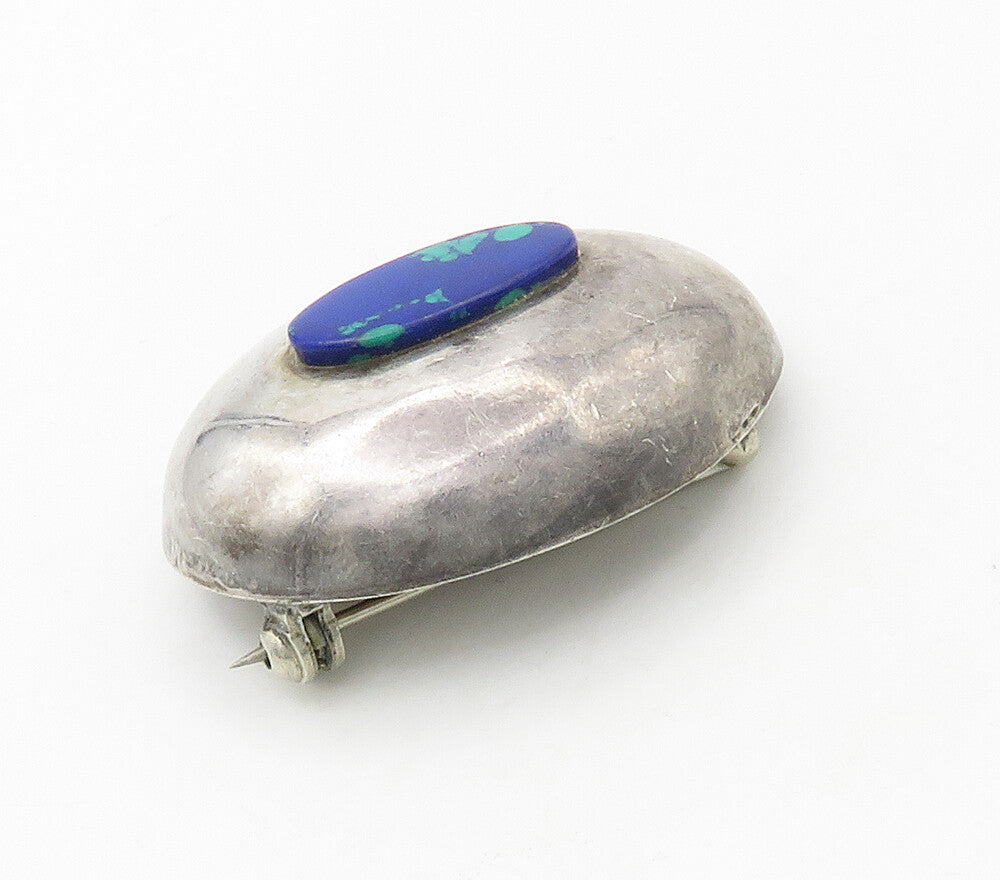 MEXICO 925 Sterling Silver  Vintage Azurite Smooth Dome Brooch Pin  BP6503