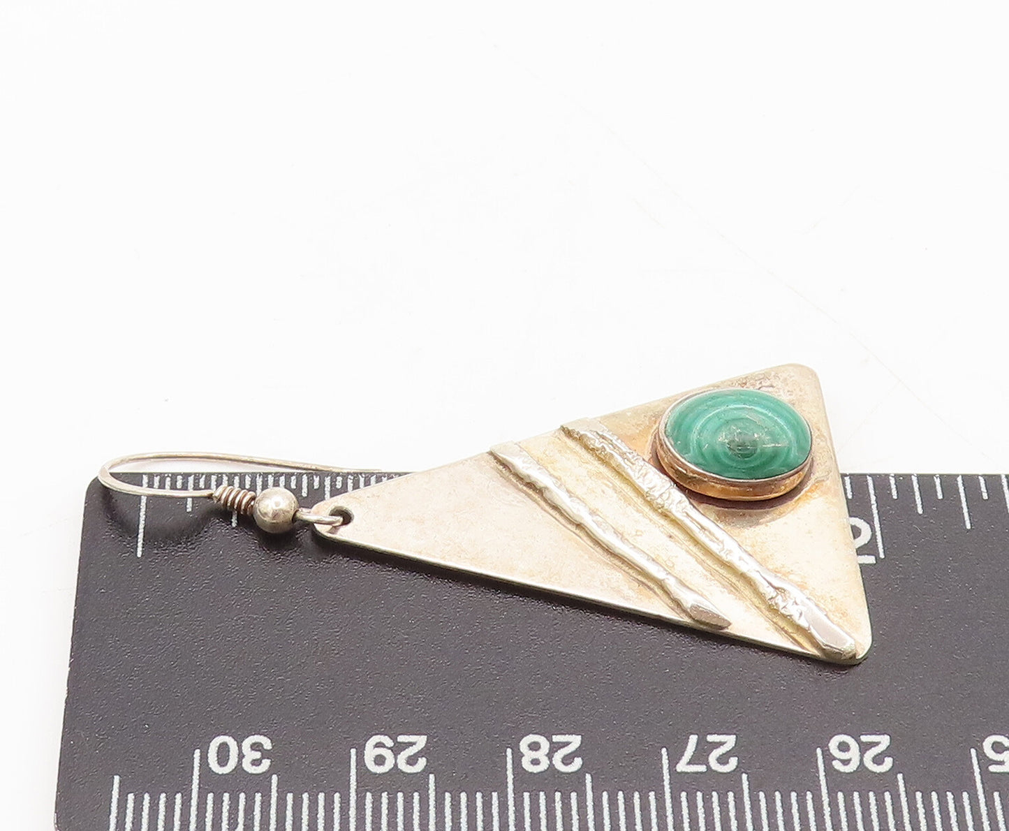 925 Silver  Vintage Modernist Malachite Carved Triangle Earrings  EG12615