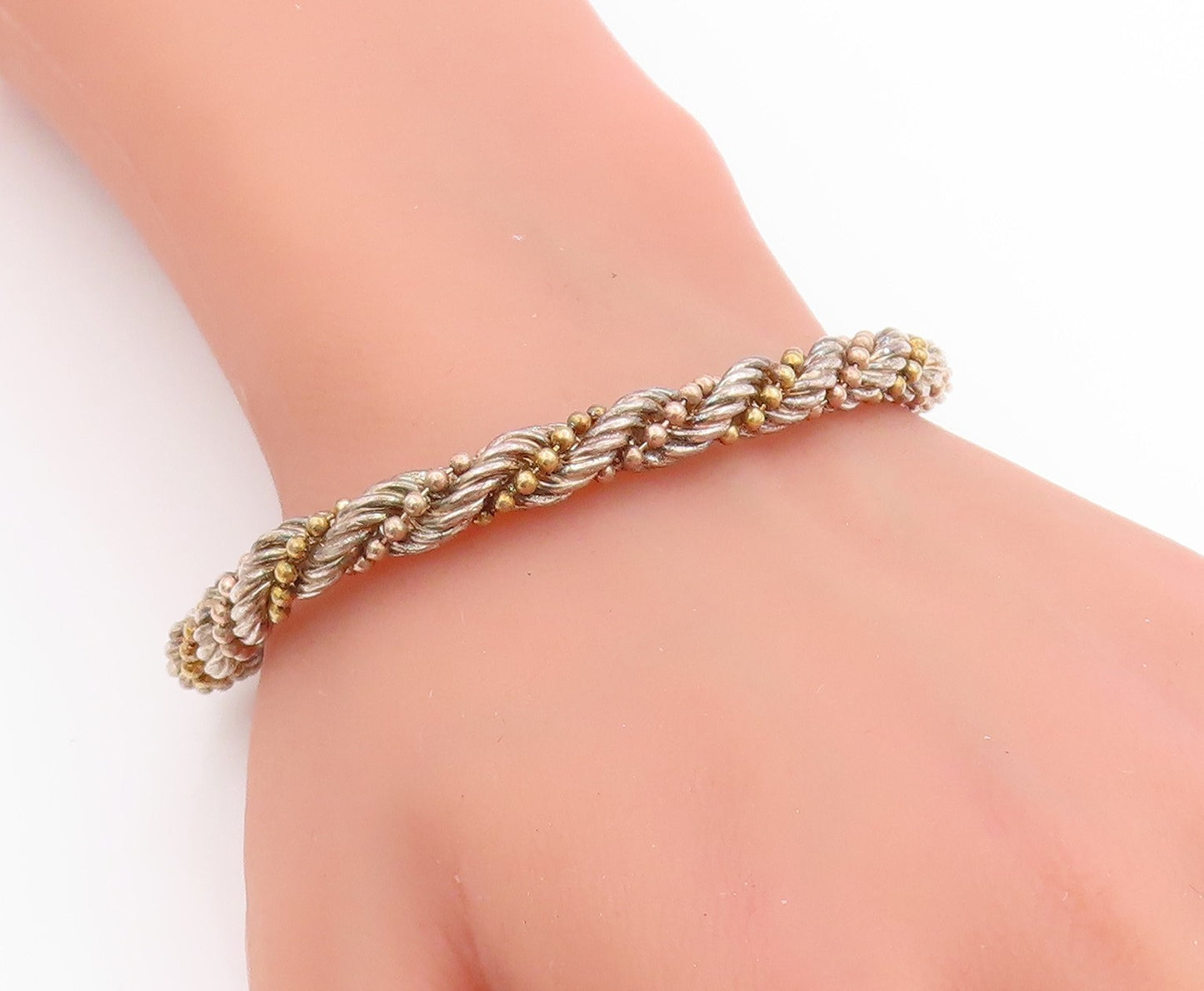 925 Sterling Silver Vintage Bracelet Two Toned Twisted Beadwork Rope  BT11408
