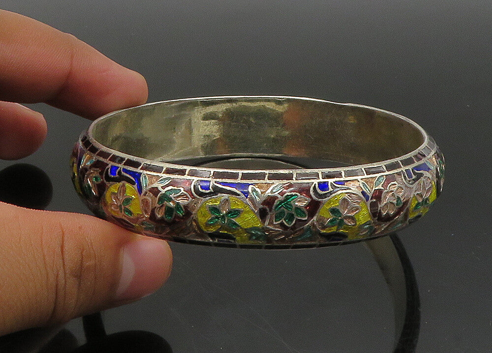 925 Sterling Silver  Vintage Enamel Floral Vine Art Bangle Bracelet  BT8962