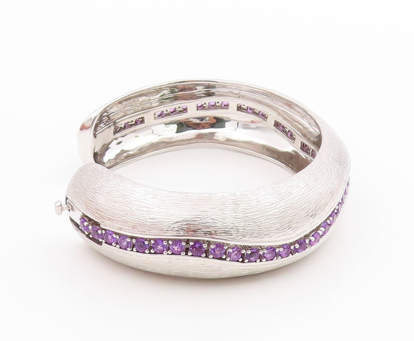 925 Sterling Silver Vintage Bracelet Modernist Amethyst Chain Inlay Cuff BT11351