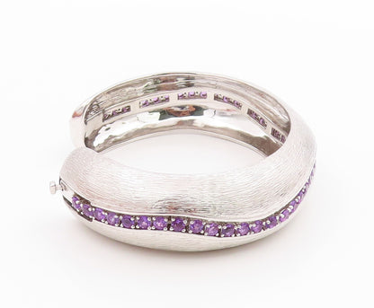 925 Sterling Silver Vintage Bracelet Modernist Amethyst Chain Inlay Cuff BT11351