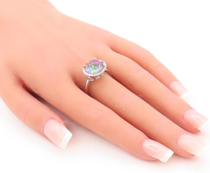 925 Sterling Silver Vintage Ring Round Cut Mystic Topaz Halo CZ  Sz 7  RG29744