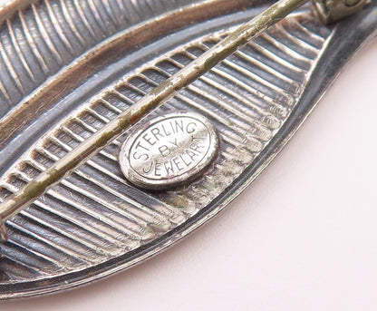 JEWELART 925 Silver  Vintage Linear Textured Single Leaf Brooch Pin  BP9596