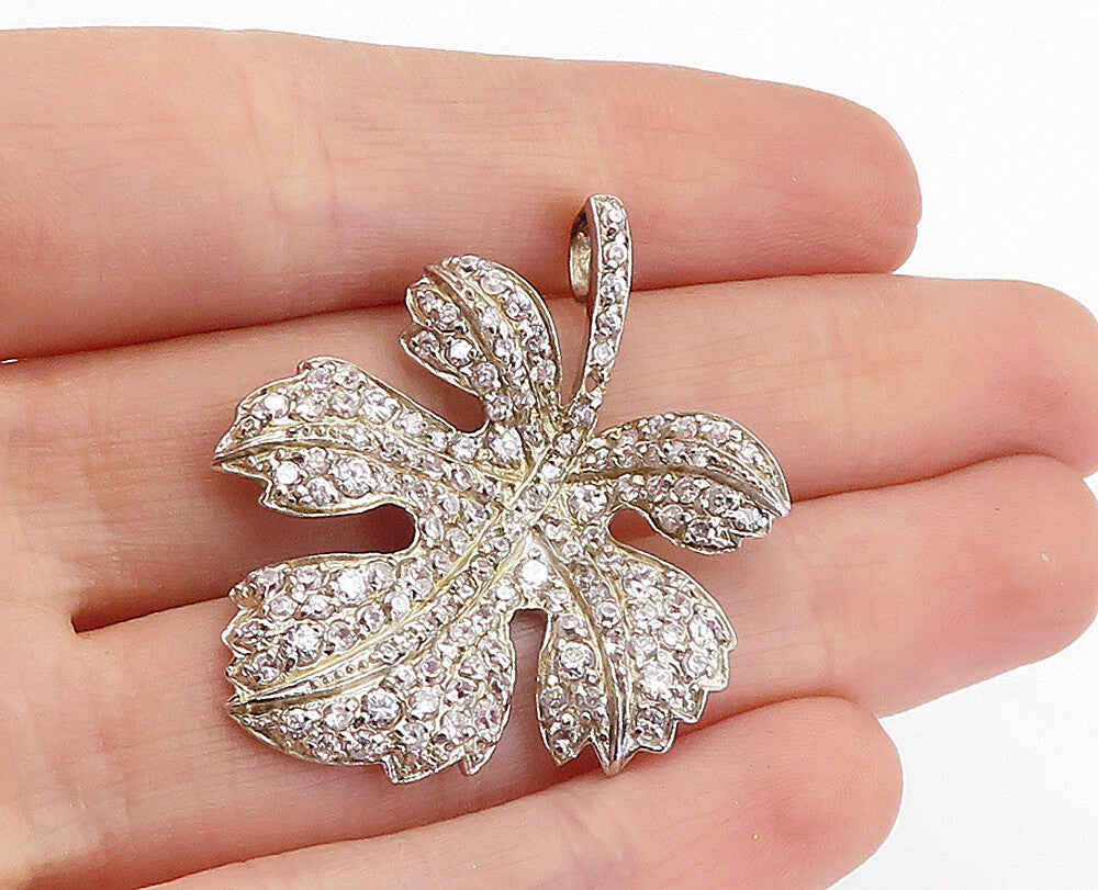 925 Sterling Silver  Vintage Cubic Zirconia Single Autumn Leaf Pendant  PT3363
