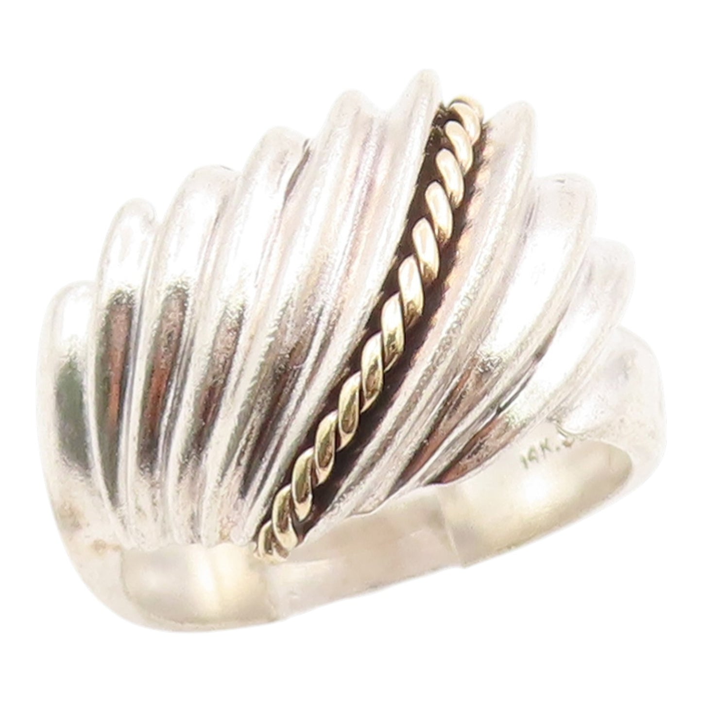 14k Gold & 925 Sterling Silver Vintage Ring Modernist Ribbed Dome  Sz 5  RG36197
