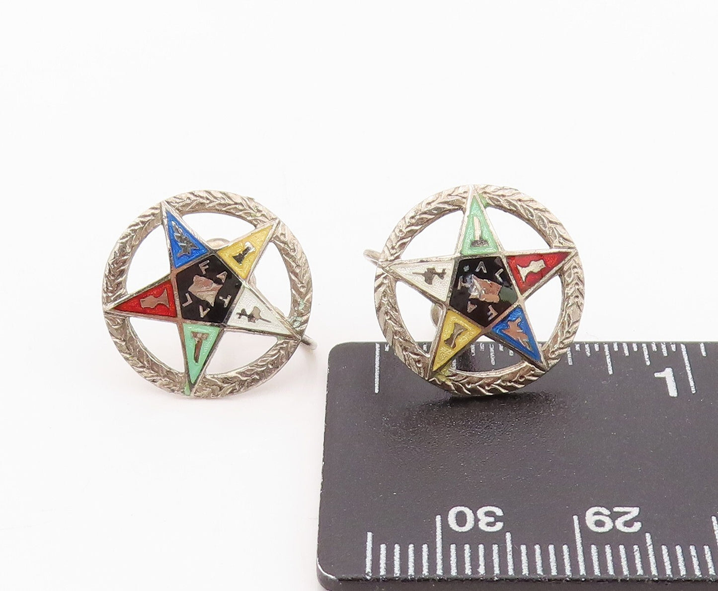 925 Sterling Silver Vintage Earrings Enameled Order Of The Eastern Star  EG13457