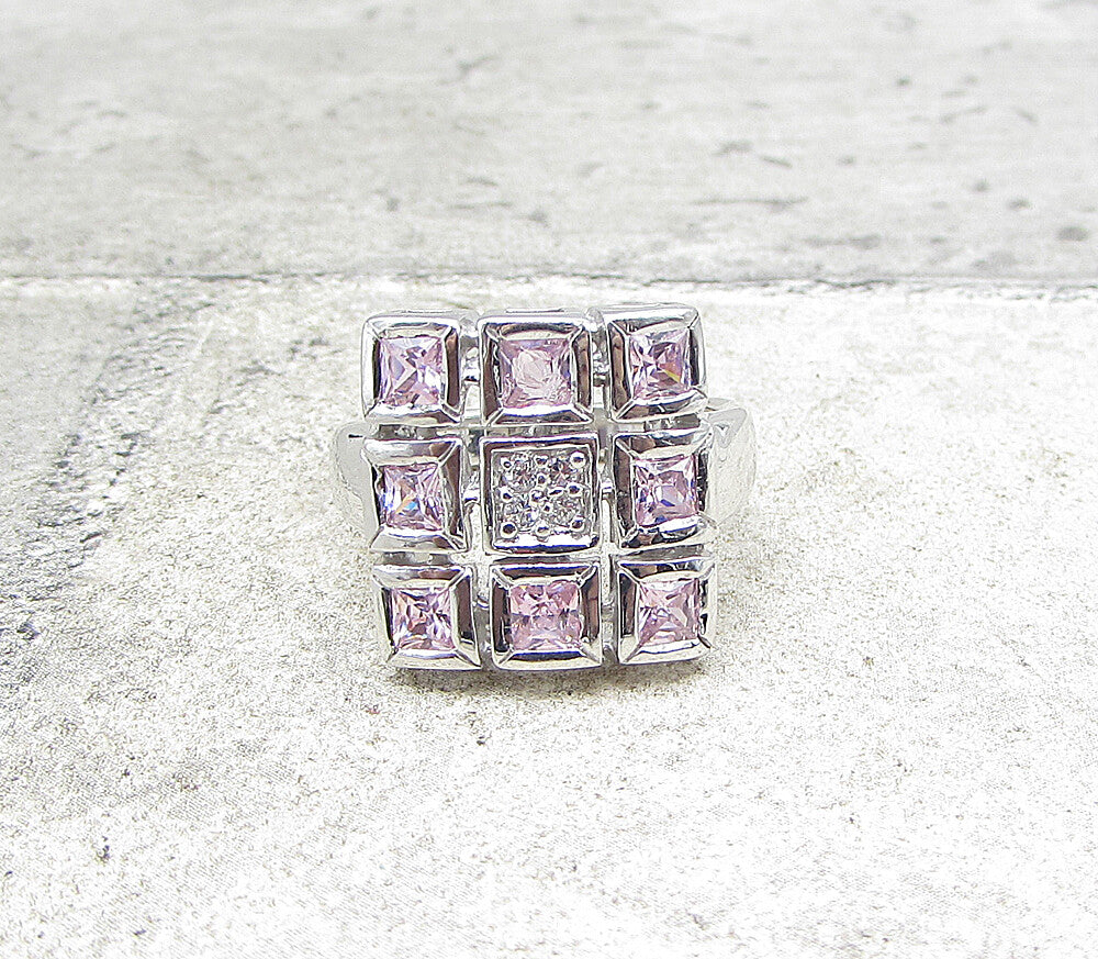 925 Silver  Pink Topaz & White Cubic Zirconia Boxed Cocktail Ring Sz 7  RG1585