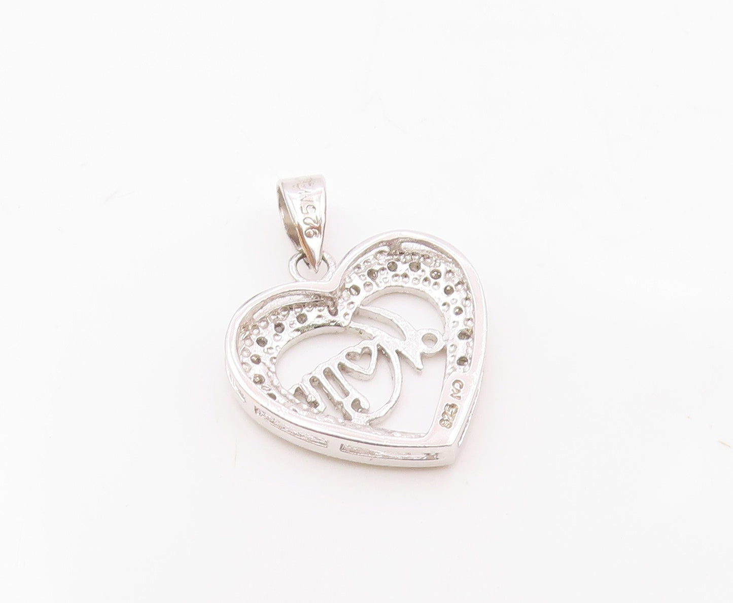 925 Silver  Vintage Open Genuine Diamonds Love Heart MOM Pendant  PT21098