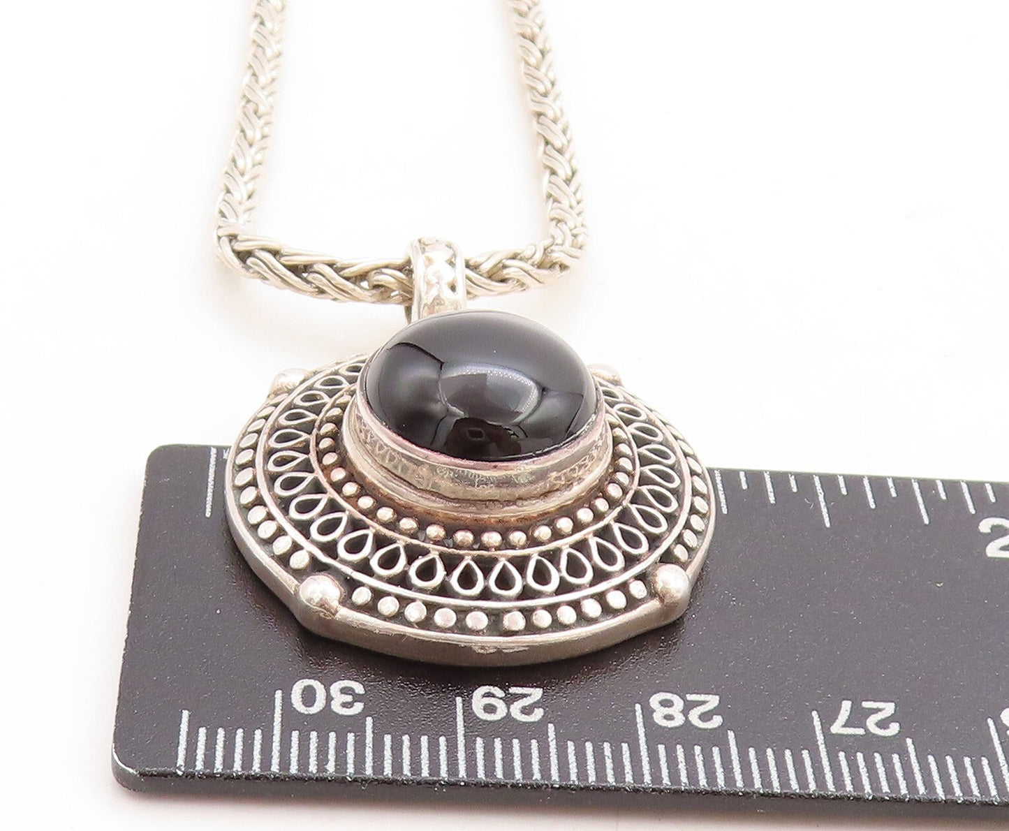 925 Sterling Silver  Vintage Cabochon Black Onyx Swirl Chain Necklace  NE1792