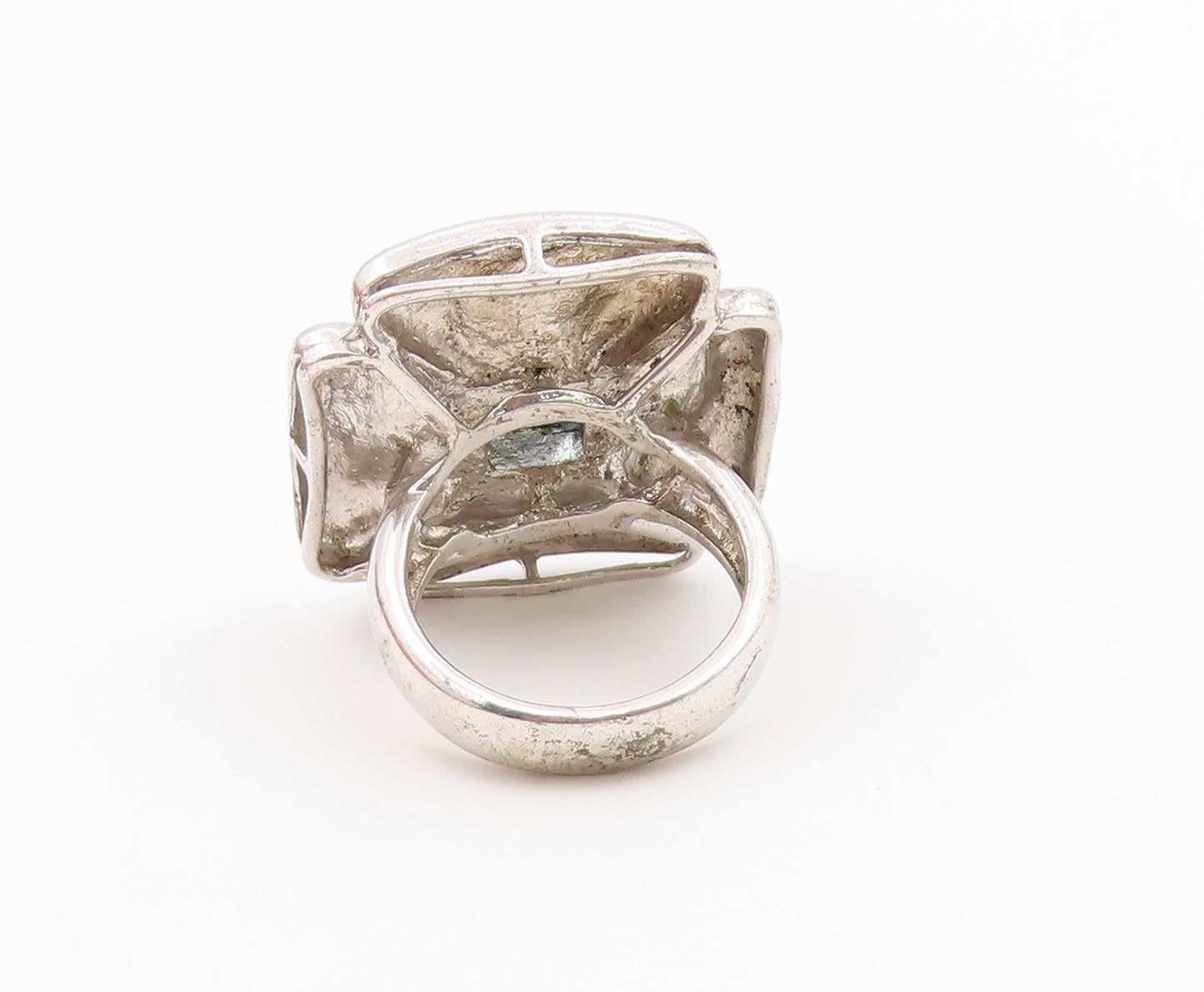 925 Sterling Silver Vintage Ring Modernist Blue Topaz Flower Band  Sz 7  RG36612