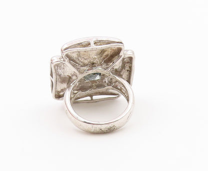 925 Sterling Silver Vintage Ring Modernist Blue Topaz Flower Band  Sz 7  RG36612