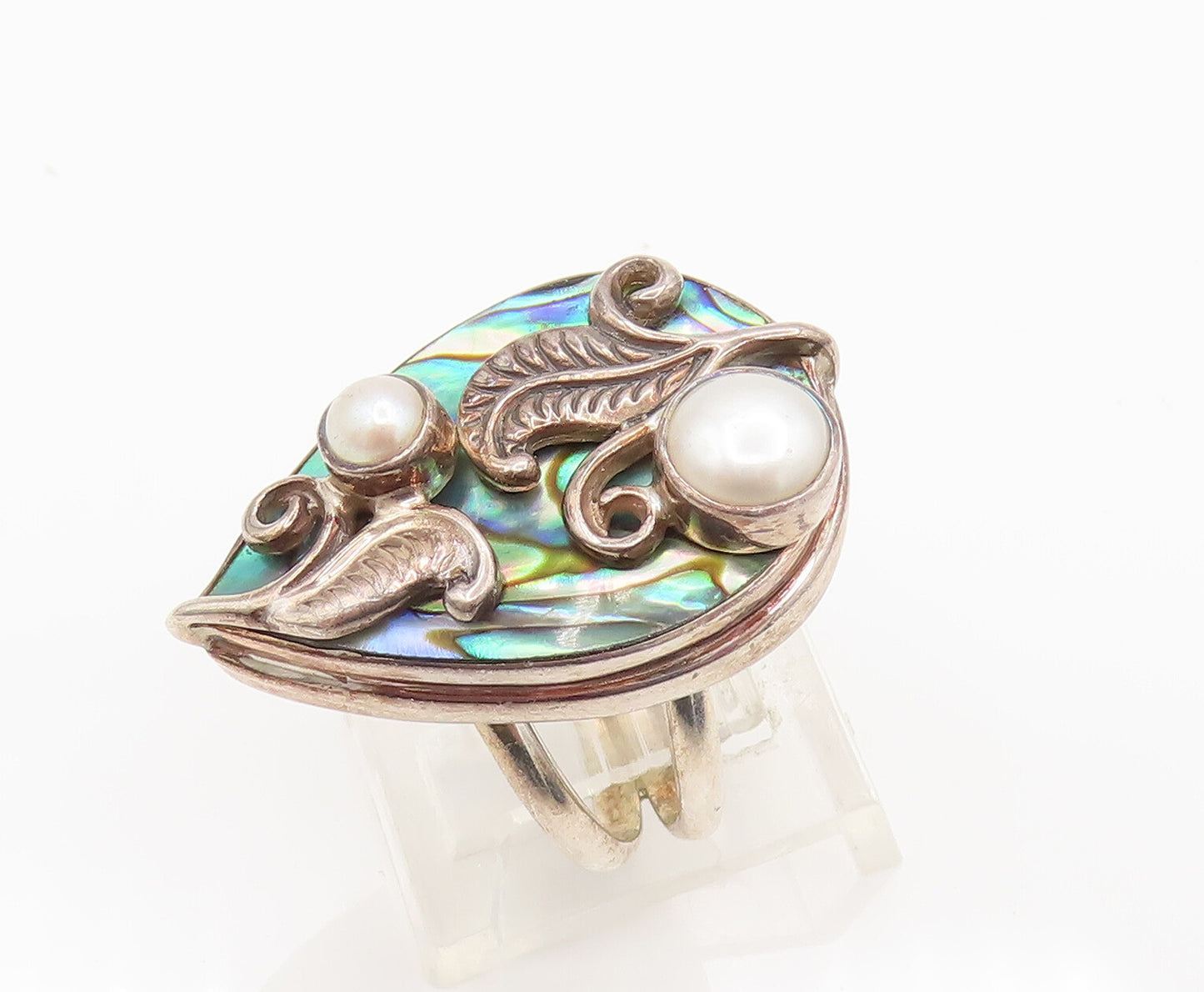 MERAV 925 Silver  Vintage Freshwater Pearls & Abalone Leaf Ring Sz 7  RG26259