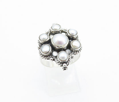 925 Sterling Silver  Freshwater Pearls Floral Cocktail Ring Sz 6.5  RG7827