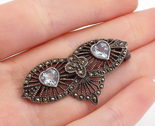 925 Sterling Silver  Vintage Topaz & Marcasite Love Heart Brooch Pin  BP1649