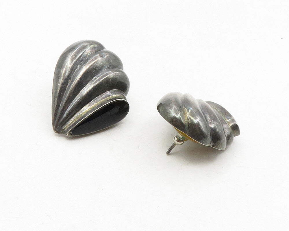 925 Sterling Silver  Vintage Black Onyx Fluted Dark Tone Drop Earrings  EG5189