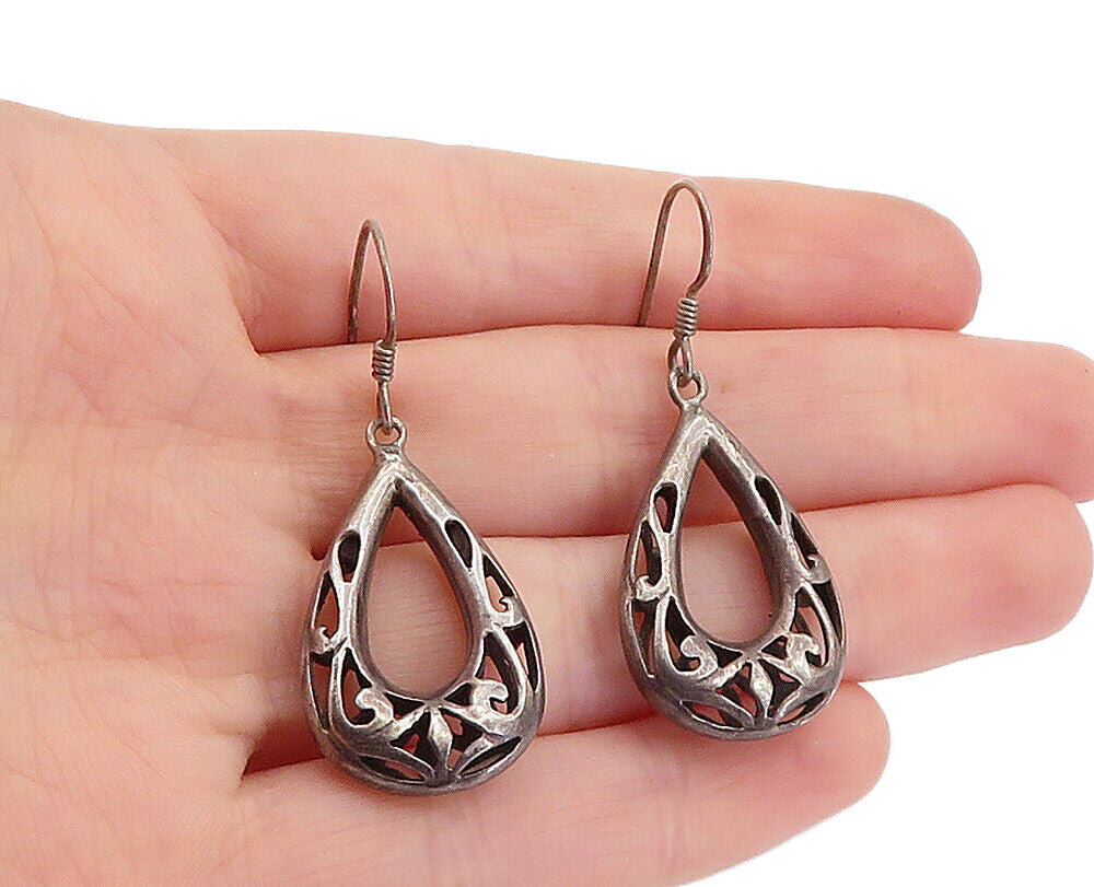 925 Sterling Silver  Vintage Dark Tone Swirl Tear Drop Dangle Earrings  EG2829